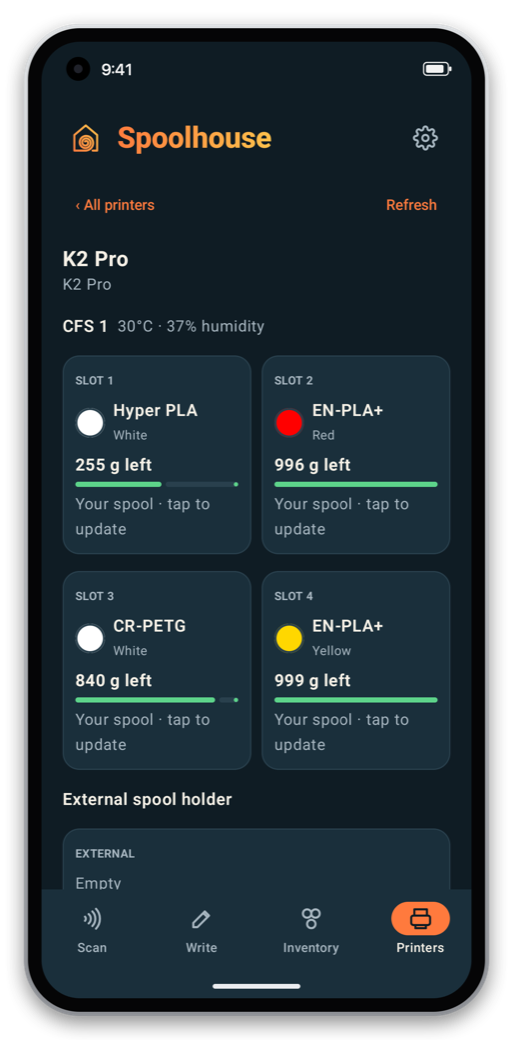 A K2 Pro’s CFS slots on the phone, with grams left and humidity