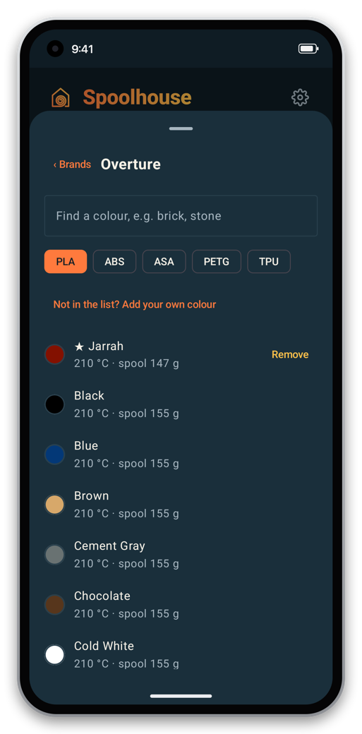 Picking a brand’s colour on the phone: Overture PLA colours with their nozzle temperatures and spool weights, and your own colour starred