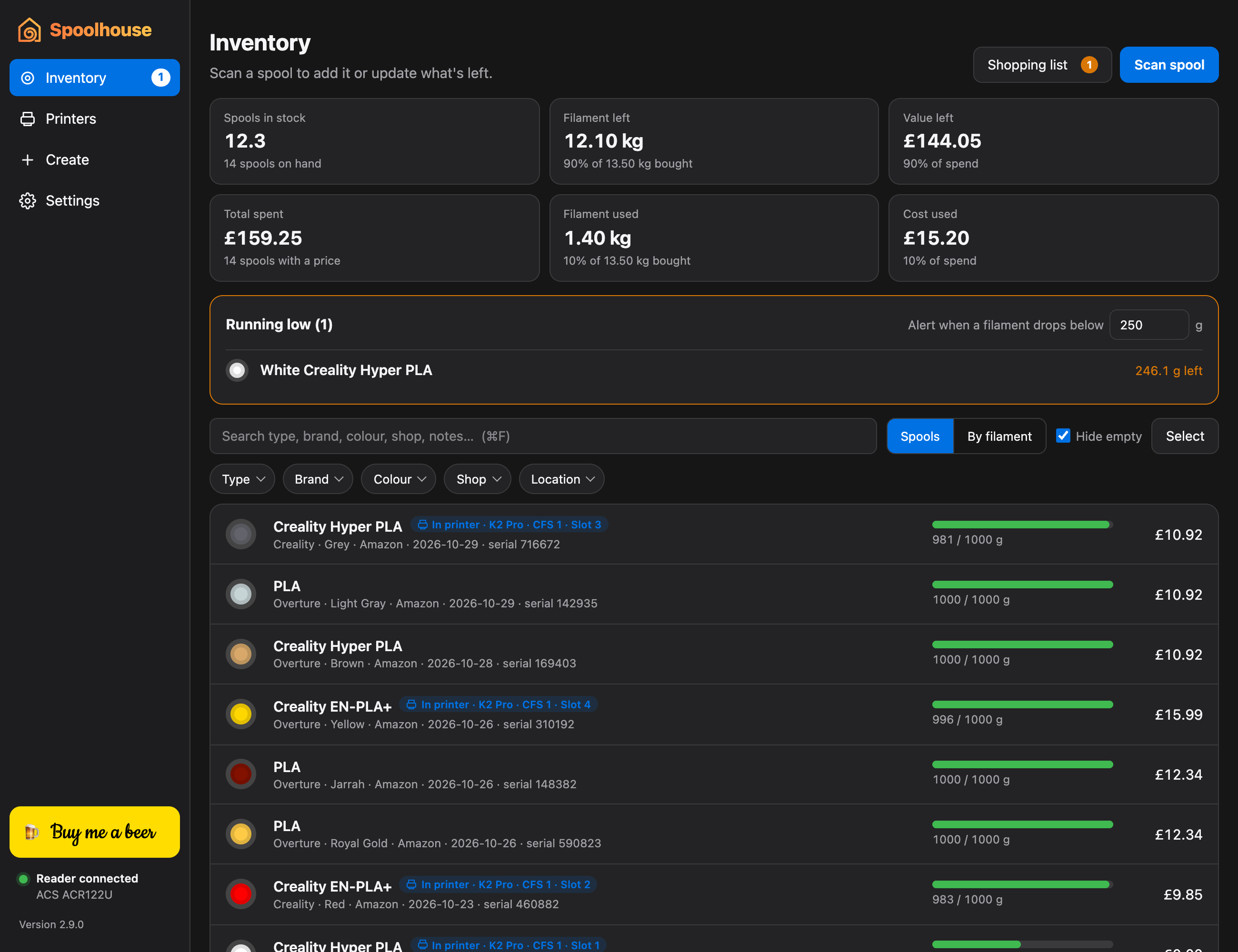 Inventory: Every spool, what’s left and what it cost, with totals that follow your filters.