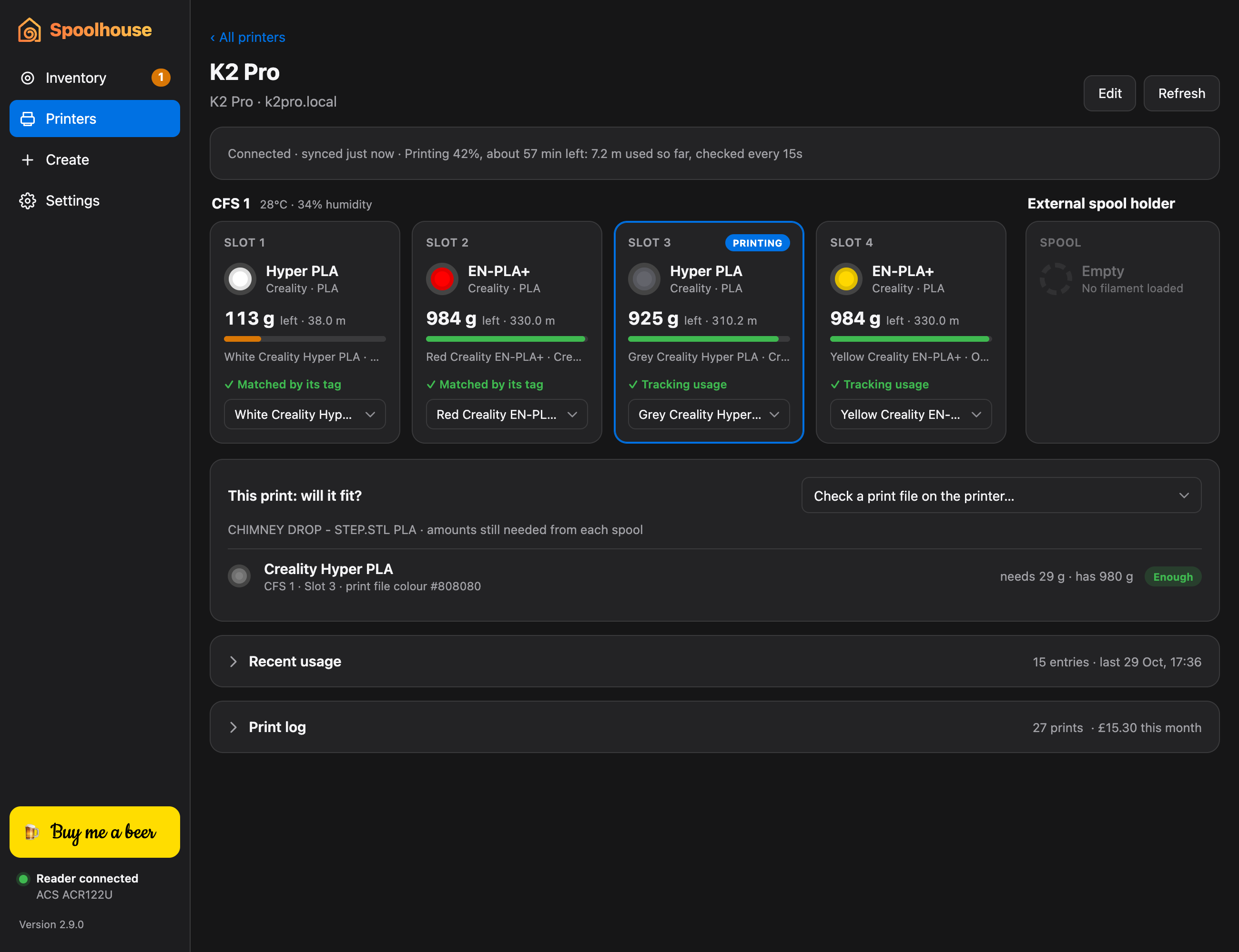 Spoolhouse showing a K2 Pro's CFS slots, each matched to a spool by its tag